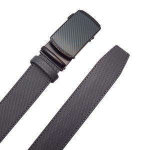 کمربند چرمی مردانه خاکستری با سگک فیبر کربن لوکسMen’s gray leather belt with luxury carbon fiber buckle