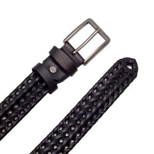 کمربند مردانه بافت‌دار مشکی از چرم مصنوعی با سگک فلزی براق – مدل شیک و کلاسیک KTLEATHERS Black braided men's faux leather belt with shiny metal buckle – stylish and classic design KTLEATHERS