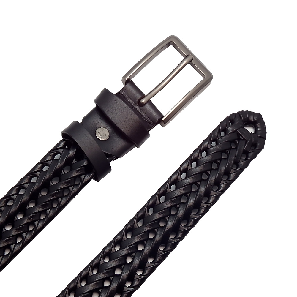 116 کمربند مردانه بافتدار مشکی از چرم مصنوعی با سگک فلزی براق – مدل شیک و کلاسیک KTLEATHERS Black braided men's faux leather belt with shiny metal buckle – stylish and classic design KTLEATHERS
