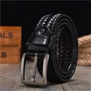 کمربند مردانه بافتدار مشکی از چرم مصنوعی با سگک فلزی براق – مدل شیک و کلاسیک KTLEATHERS KTLEATHERS black braided men’s faux leather belt with shiny metal buckle – stylish and classic design