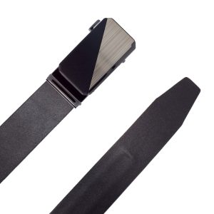 کمربند مردانه چرم طبیعی گاوی مشکی با مکانیزم ریلی بدون سوراخ، نمای کامل از جلو — Full front view of men’s black genuine cow leather ratchet belt, hole‑free adjustment mechanism.