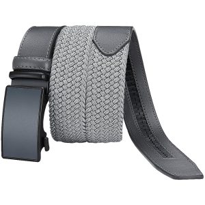 کمربند مردانه کشی بافت‌دار طوسی با سگک اتوماتیک مدل KT7001 Men’s gray elastic braided belt with automatic buckle – KT7001