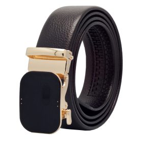 کمربند مردانه چرمی صنعتی مشکی با سگک ریلی فلزی مقاوم و طراحی سادهMen's black industrial leather belt with sturdy metal rail buckle and simple design