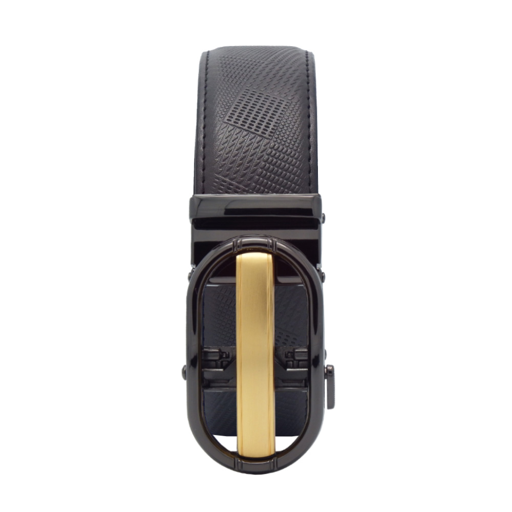 5001NU7012 نمای کامل کمربند چرمی مردانه مشکی با سگک ریلی قابل تنظیم | Full view of men’s black genuine leather belt with adjustable ratchet buckle